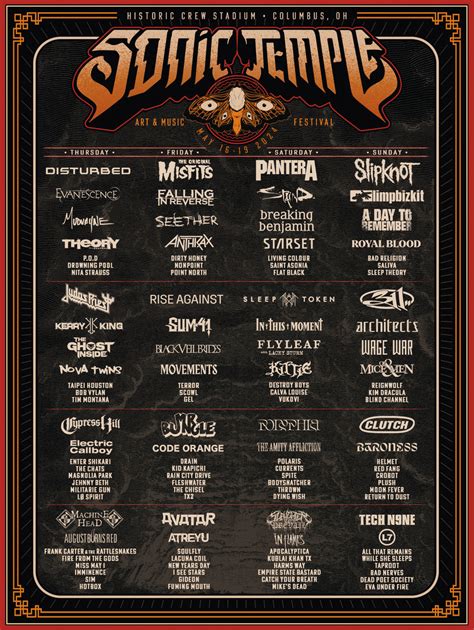 Sonic temple 2024 - Sonic Temple 2024. Like. Comment. Share. ... Pantera and over 100+ other mind-blowing bands, all ready to rock the stage from May 16-19, 2024. Get you passes now! See less. Comments.